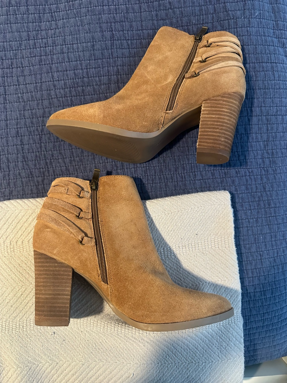 Suede Block-Heel Ankle Booties in Tan